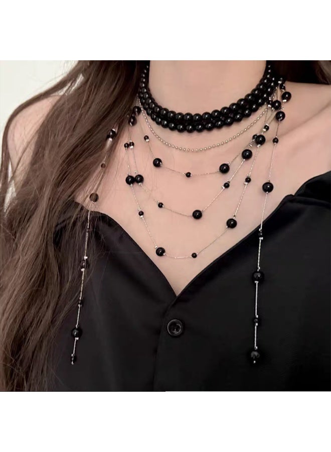 Multi-Layer Black Beaded Tassel Necklace Set Gothic Style Choker For Women Party Wear - Image 4